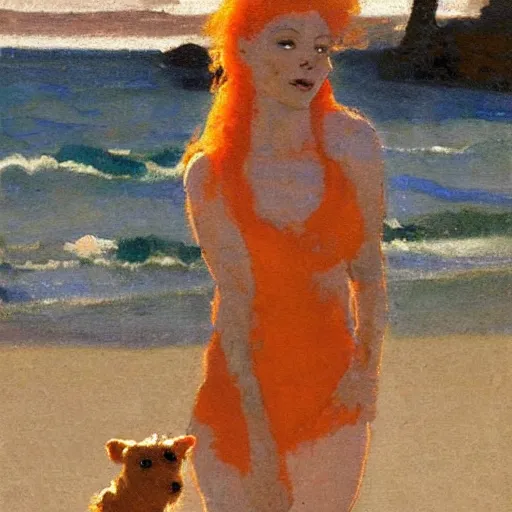 Prompt: beautiful woman with orange hair, tiny white dog, dean cornwell style, on the beach