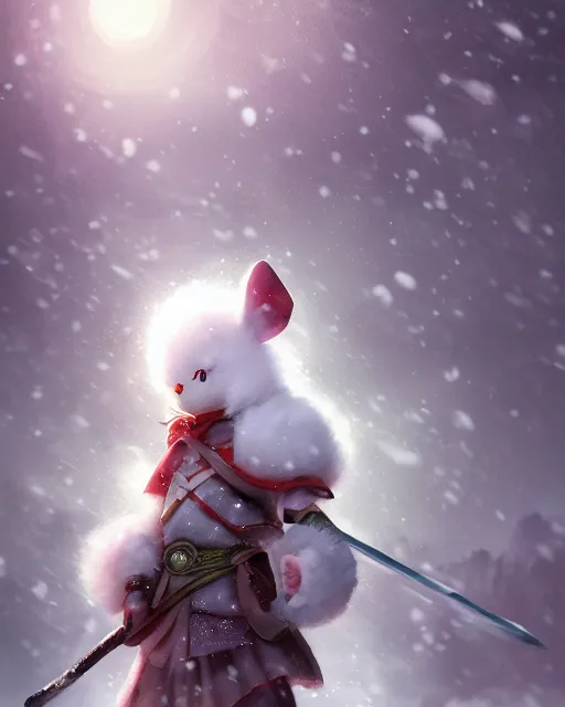 Image similar to whimsical fluffy usagi warrior of hiyabusa square, scarf, cape, sword and shield, light snow, close up, details, sharp focus, elegant, highly detailed, illustration, by jordan grimmer greg rutkowski wlop maya takamura, intricate, trending artstation, pixiv, digital art