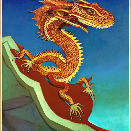 Prompt: beautiful jeweled scaly lizard-headed dragon sitting on top of treasure, by Nicholas Roerich and Warwick Goble, iridescent scales, sinuous dragon body, clawed feet, long spiked tail,dramatic lighting, featured on artstation W 768