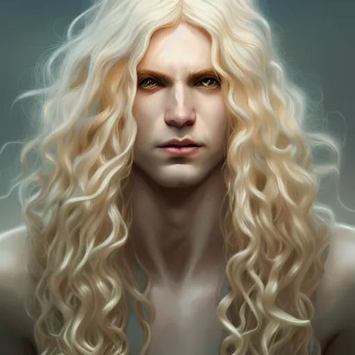 Prompt: Lucius the pale blond androgynous god of the sun, highly detailed, very very very long curly blond hair, extremely luscious curly blond hair, very very very pale white skin, digital painting, artstation, concept art, soft light, sharp focus, illustration