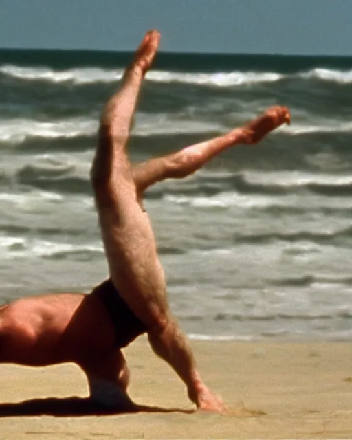 Image similar to film still close - up shot of boris johnson doing cartwheels on the beach from the movie monty python's the meaning of life. photographic, photography