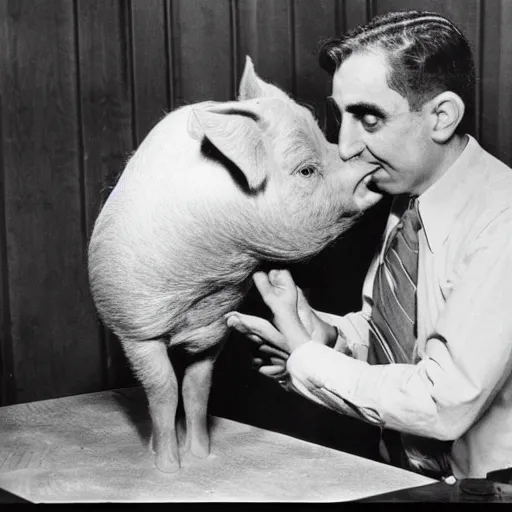 Image similar to edward teller petting a pig in an office at the manhattan project 1 9 4 4 high - quality archive photo