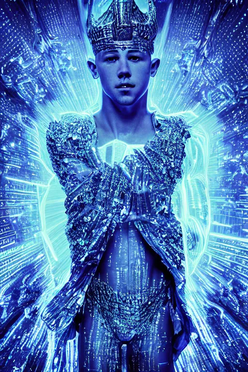 Image similar to hyper detailed ultra sharp portrait of baroque and bladerunner delicate neon diamond sculpture of seductive albino pharaoh nick jonas, sarcophagus blue iridescent humanoid deity wearing metallic hoody made out of hands holding the sun prismatic dungeon, glowing blue face, crown of white diamonds, cinematic lighting, photorealistic, octane render 8 k depth of field 3 d