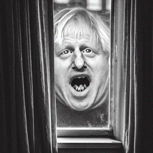 Image similar to photo of the inside of a dark old rainy bedroom window at night with the curtains pulled back, dimly lit creepy | screaming face of boris johnson staring in and pressing his bloody face and hands against the window, horror, scary face, demonic face,