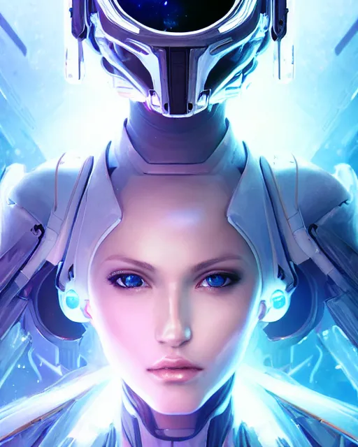 Image similar to photo of a beautiful girl on a mothership, android, warframe armor, pretty face, scifi, futuristic, galaxy, raytracing, dreamy, perfect, aura of light, pure, white hair, blue cyborg eyes, glow, insanely detailed, artstation, innocent look, art by gauthier leblanc, kazuya takahashi, huifeng huang