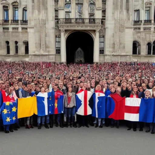 Image similar to a group of people, one from each country in europe, each holding the flag of their country