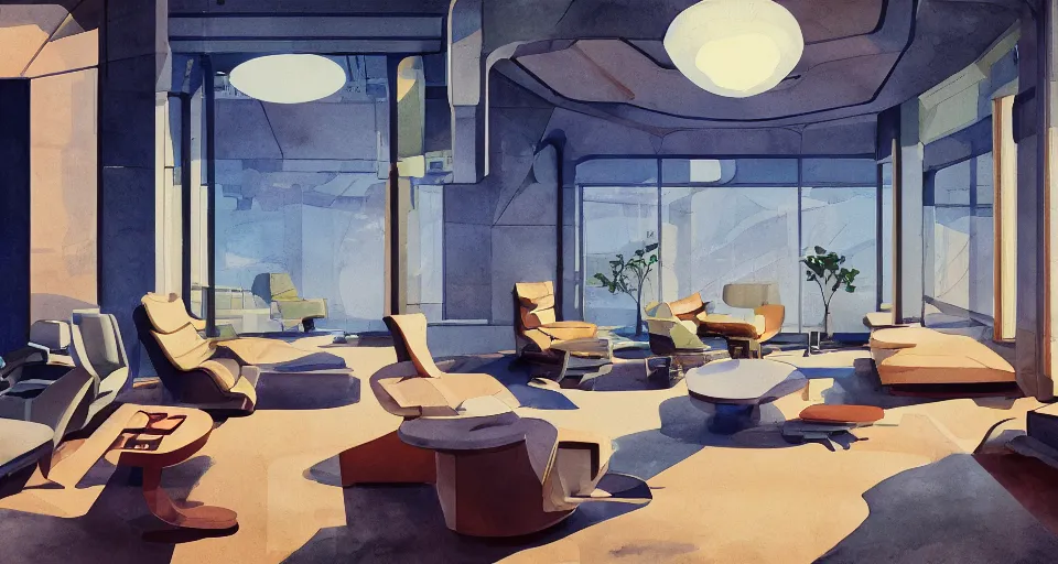 Image similar to a beautiful illustration of futuristic interior hall, lots of furniture, sofa, waiting room, big medium small, sacred geometry, golden ratio, in watercolor gouache detailed paintings, in style of syd mead, trending on artstation,8k, panel, hard surface, vent, zaha hadid, props, plant, cozy