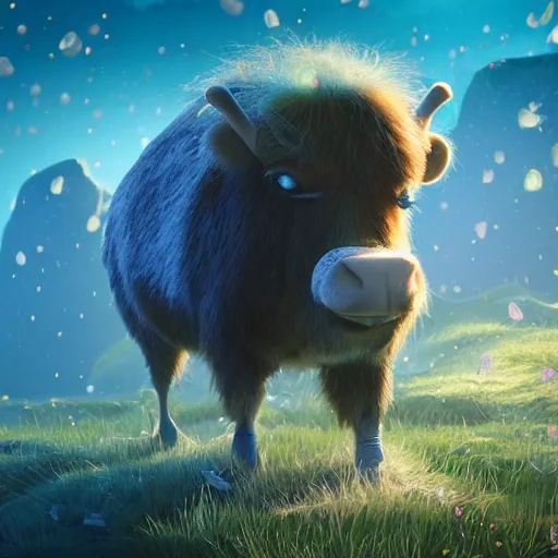 Prompt: yak, expressive eyes, floating, rbc, radiolaria, protophyta, micro - organisms, center frame, symmetric, rim light, marine microbiology, bioluminescence, electric, fur, soft, concept art, intricate details, highly detailed, colorful, photorealistic, disney pixar, octane render, iridescent, anime