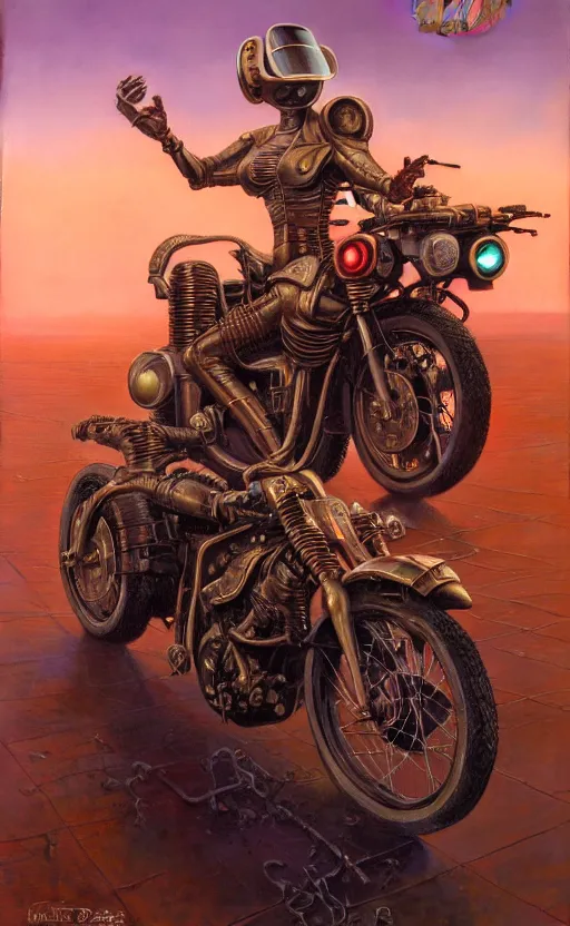Prompt: young beauty with vr helmeton a futuristic motorbike, durty colours, rusty shapes, biotechnology, tim hildebrandt, wayne barlowe, bruce pennington, donato giancola, larry elmore, oil on canvas, masterpiece, trending on artstation, featured on pixiv, cinematic composition, hyper - detailed, hd, hdr, 4 k, 8 k