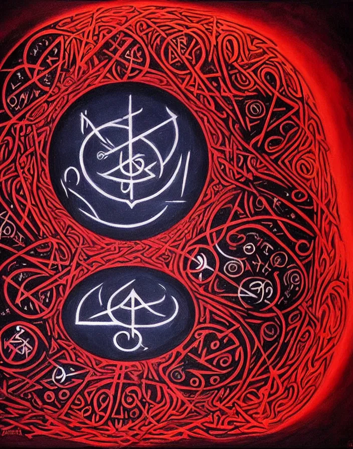 Prompt: beautiful painting of a summoning circle spell with runes in a dark cave, tarot, complex environment, by johfra bosschart, fractals, red liquid glowing metal veins, details