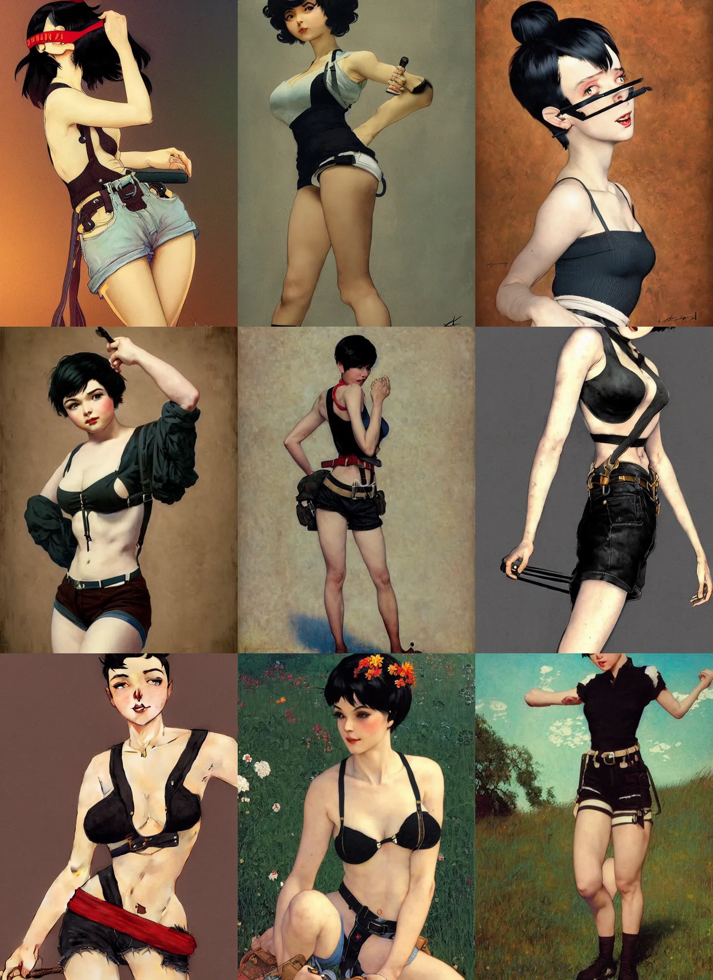 Prompt: a woman with black hair pixie cut in shorts with suspenders drawn by kuvshinov ilya, norman rockwell, frank frazetta, peter paul rubens, alphonse mucha, gustav klimt 4k, unreal 5, DAZ, french noveau, trending on artstation, octane render, hyperrealistic