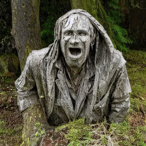 Prompt: The sculpture shows a man caught in a storm, buffeted by wind and rain. He clings to a tree for support, but the tree is bent nearly double by the force of the storm. The man's clothing is soaked through and his hair is plastered to his head. His face is contorted with fear and effort. by Brian Sum harrowing