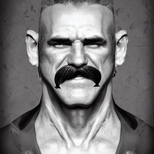 Image similar to An old middle aged superhero with black hair that's graying on the sides with a thick mustache and a strong prominent jawline and great smile in real life, portrait, photograph, realistic, hyperrealistic, highly detailed, very detailed, extremely detailed, detailed, digital art, trending on artstation, head and bodyshot