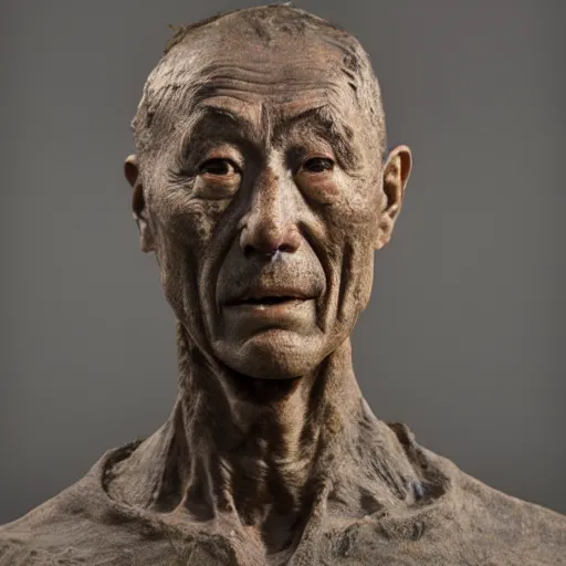 Image similar to hyperrealistic sculpture of a fossilized bronze chinese prisoner by ron mueck and duane hanson and giacometti and elizabeth frink, patina, hyperrealistic dramatic lighting 8 k