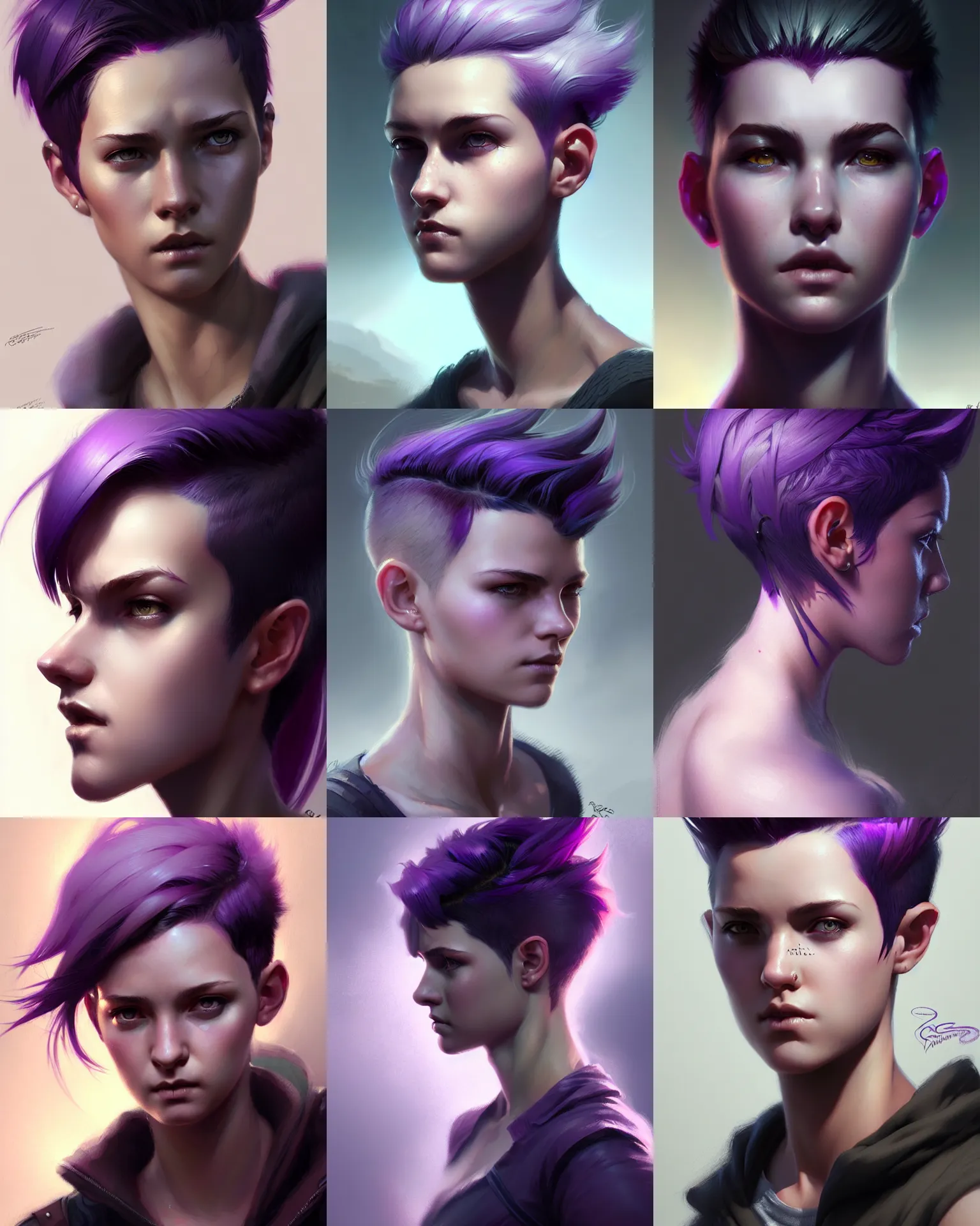 Image similar to Portrait of rugged young adult female, fantasy, pixie undercut hairstyle, black to purple fade hairstyle, intricate, highly detailed, digital painting, artstation, concept art, sharp focus, illustration, art by greg rutkowski and ross draws