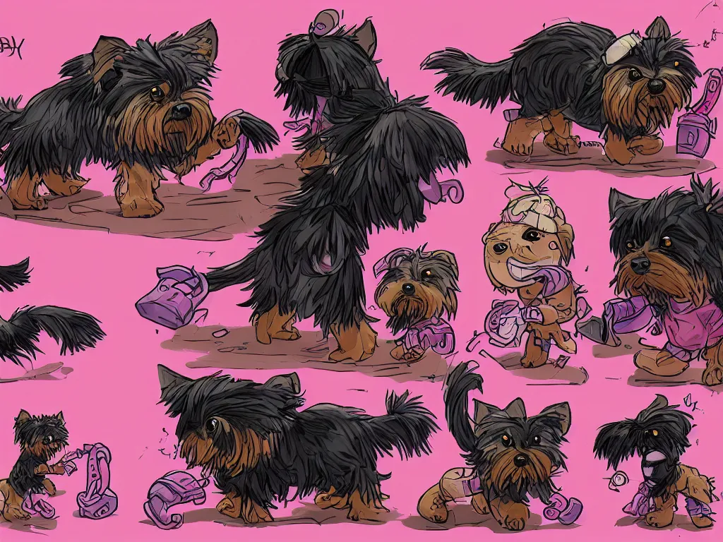 Prompt: a 4 panel comic strip of a lonely black and caramel Yorkshire Terrier, fighting with a pink rubber monkey in a cyberpunk, post apocalyptic Tokyo, D&D, fantasy, highly detailed, digital painting, artstation, concept art, smooth, sharp focus, illustration, art by Bill Sienkiewicz