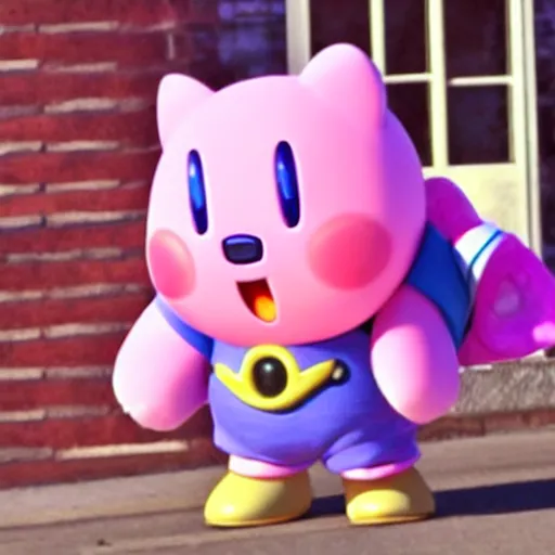 Prompt: photo of kirby from nintendo in casual clothes, pink kirby walking, kirby walking down the street in casual clothes, he looks cool