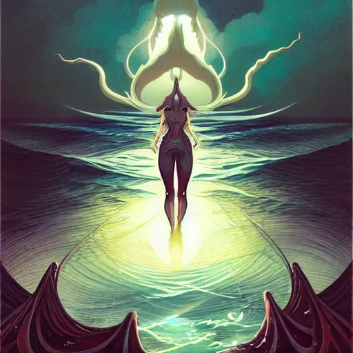 Prompt: in the style of Steve Niles, Joshua Middleton, Peter Mohrbacher and artgerm, Chtulhu rising from the water staring at a boat, Lovecraftian, ocean, night, storm, lighting, terror, horror