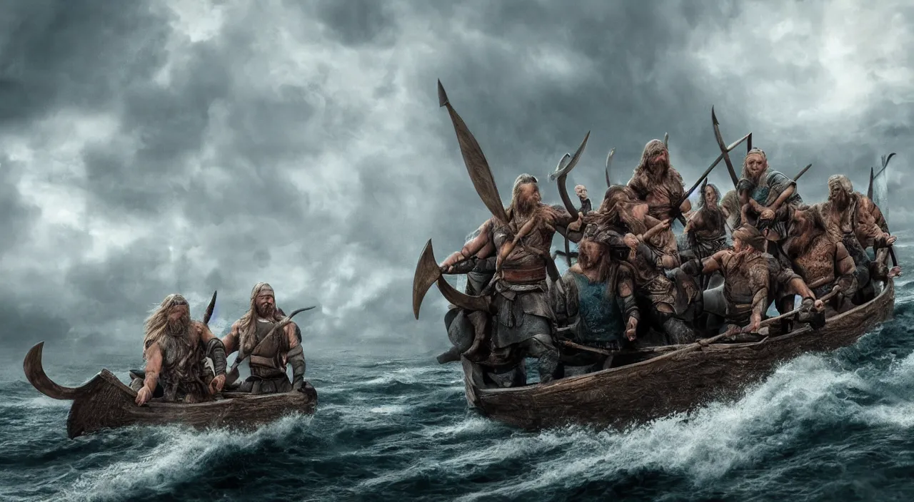 Prompt: a beautiful hyper realistic ultra detailed lifelike matte painting of vikings on a dragon boat, stormy weather, unreal engine, deviantart, flickr, artstation, octane render, textured, colorful, extreme realistic detail, physically based rendering, pbr render, very detailed, volumetric lighting, detailed lighting, octane render, 4 k, cinematic lighting, 8 k resolution