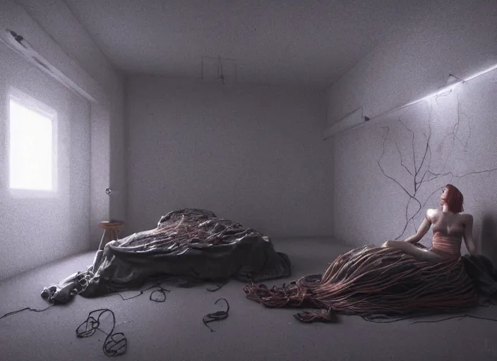 Image similar to rgb, woman, bedroom full of rocks, cinematic, movie scene, inspired by zdzislaw beksinski, clothes made out of veins,, cables everywhere, bedroom, ultra realistic, concept art, intricate details, highly detailed, photorealistic, octane render, 8 k