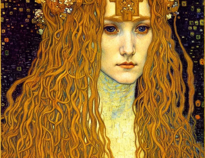 Image similar to detailed realistic beautiful young medieval queen face portrait by jean delville, gustav klimt and vincent van gogh, art nouveau, symbolist, visionary, gothic, pre - raphaelite, muted earthy colors, desaturated