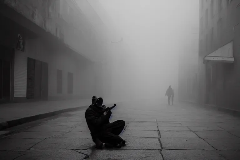 Image similar to street photography of man in gas mask sitting in a foggy alley By Emmanuel Lubezki