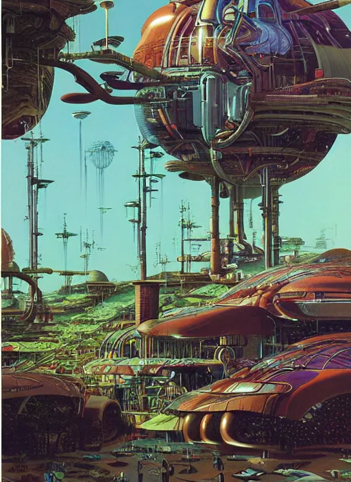 Prompt: photorealistic image of a retro futurism, solarpunk, biopunk, cyberpunk, steampunk, naturecore, by roger dean, by dean ellis