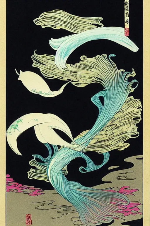 Prompt: ikebana of aquatic botanical seaweed and a graceful iridescent white betta fish with long swirling fins, black-water-background, traditional Japanese painting, hiroshige, artstation, alphonse-mucha