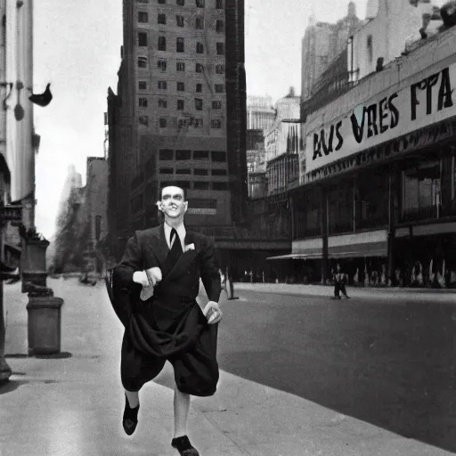 Prompt: 1940s photo of drake walking 5th Avenue in a dress