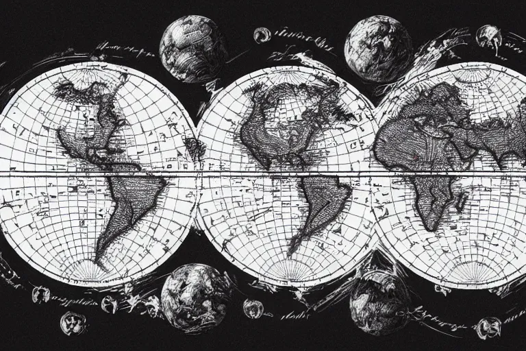 Image similar to intricate and dramatic sketch of world map, both hemispheres shown as globes, evil, insidious, hyperdetailed, 80mm lens, by Greg Rutkowski and guweiz, white and red ink sketch on black paper