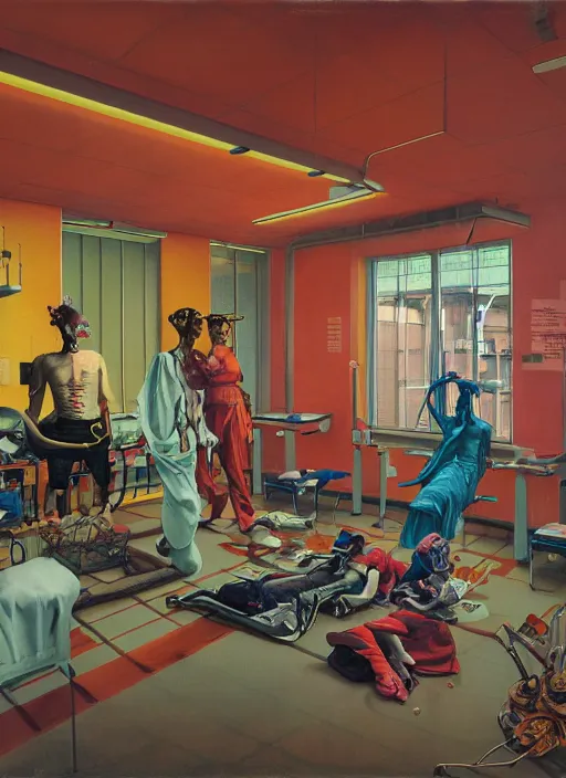 Prompt: realistic detailed image of a hospital apointment and oxygen tanks in the style of Francis Bacon, Surreal, Anselm Kínverjar, Frida Kahlo and James Jean, Greg Hildebrandt, and Mark Brooks, triadic color scheme, By Greg Rutkowski, in the style of Francis Bacon and Syd Mead and Edward Hopper and Norman Rockwell and Beksinski, open ceiling, highly detailed, painted by Francis Bacon, painted by James Gilleard, surrealism, airbrush, Ilya Kuvshinov, WLOP, Stanley Artgerm, very coherent, art by Takato Yamamoto and James Jean