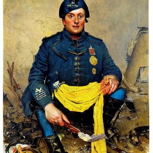 Prompt: Volodymyr Zelensky at war, dressed like Napoleon Bonaparte, sitting on the ground between dead corpses and crying, holding a half burnt blue and yellow flag of Ukraine, in the style of Norman Rockwell