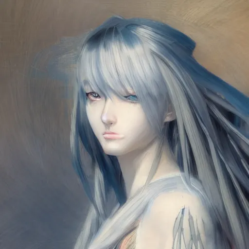 Prompt: Soft oil portrait with broad brush strokes of an anime girl with a long white hair wearing Elden Ring armour with engraving in the style of Yoji Shinkawa, expressive brush strokes, hairs fluttering on the wing, noisy film grain effect, highly detailed, Renaissance oil painting, weird portrait angle, blurred lost edges, three quarter view