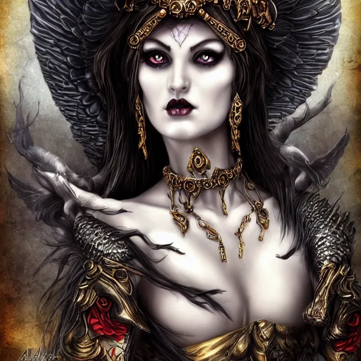 Image similar to perfectly centered close up portrait, candid photography, goddess of death, by anne stokes, updo, highly detailed