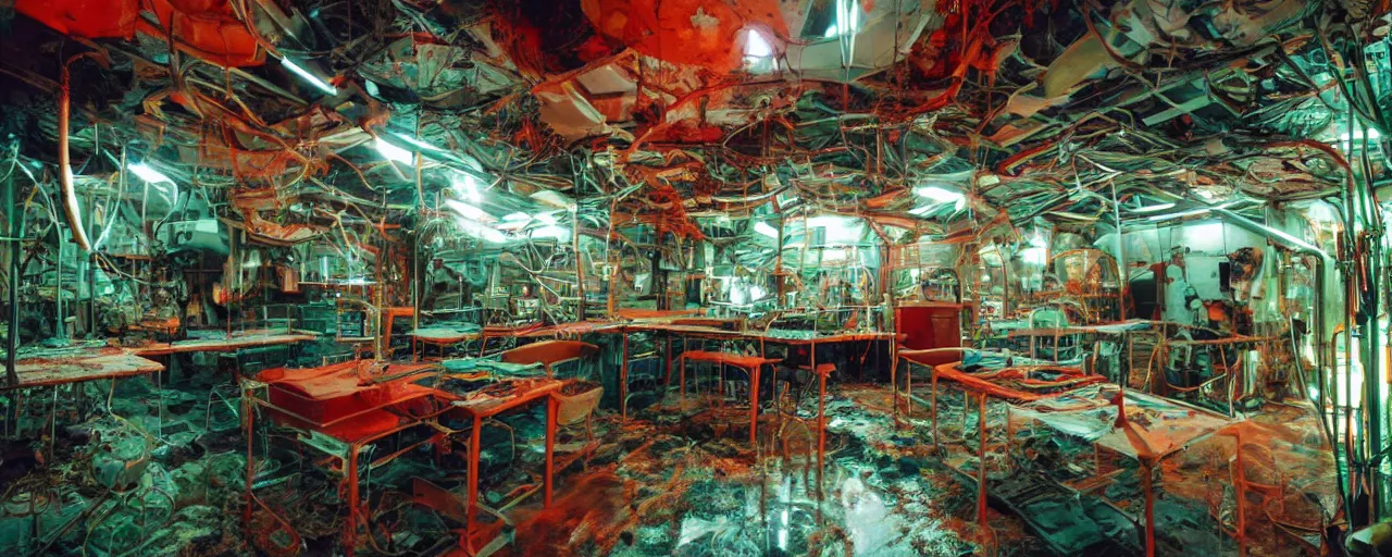 Image similar to Film still of a brightly lit science lab on a space ship, metal, floor grills, ventilation shafts, dusty, orange and red lighting, burning fire, water dripping, puddles, wet floor, rust, decay, green vines, overgrown, tropical, Cinestill colour cinematography, anamorphic