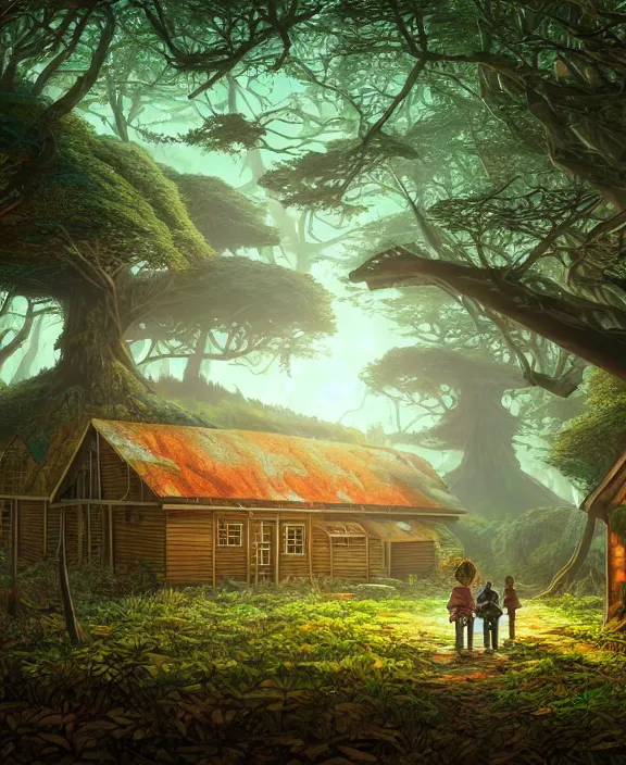 Prompt: a large schoolhouse made from leaves, overgrown with huge exotic fungus, deep in the woods, noon, sun drenched, partly cloudy, by dan mumford, yusuke murata, makoto shinkai, ross tran, cinematic, unreal engine, cel shaded, featured on artstation, pixiv