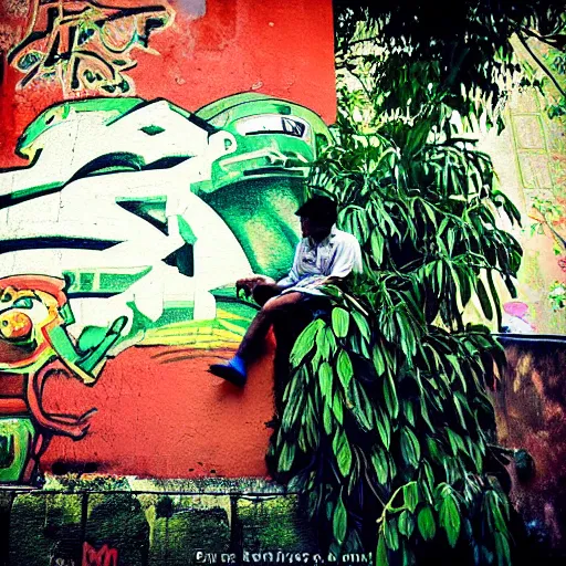 Prompt: “perch-man plays the pots in the deep jungle, graffiti background, detailed, retro Lomo”