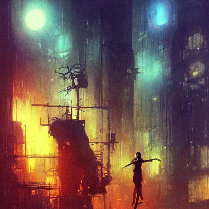 Image similar to liu wen, abstract, concept art, digital painting, noir, backlit, bokeh, neonlights, atmospheric, by bruce pennington, by wayne barlowe