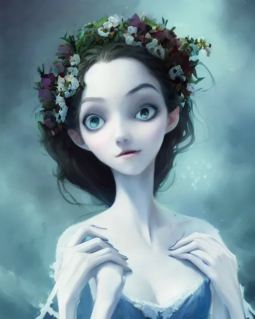 Image similar to elegant mysterious solemn victoria everglot from the corpse bride, portrait, illustration, rim light, top light, summer clear blue sky, perfectly shaded, soft painting, art by krenz cushart and wenjun lin