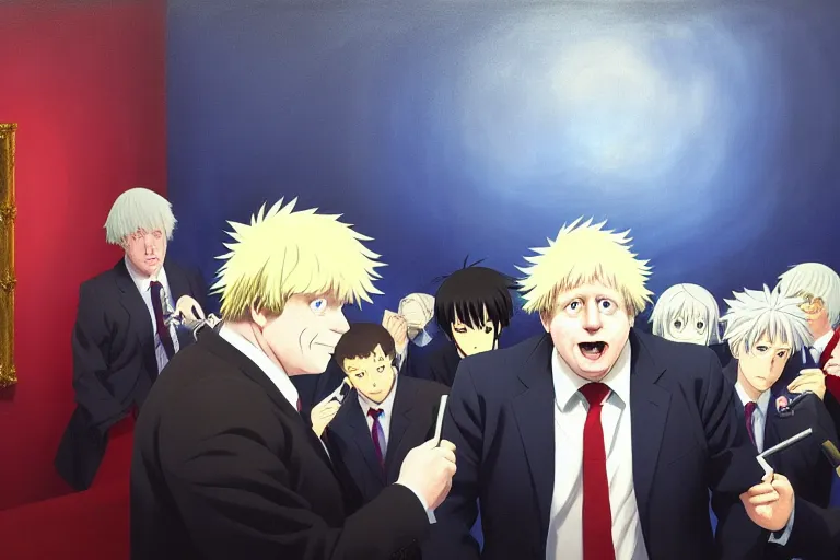 Prompt: anime key visual of boris johnson addressing the covid epidemic to a room of reporters, style of jamie wyeth james gilleard edward hopper greg rutkowski acrylic painting, preserved museum piece, historical