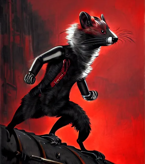 Prompt: a dashing weasel bandit furry red - and - black fursona animal character { with tail }, leather armor, mid - action pose on a painted elaborate industrial background by peder balke, ue 5, dishonored, dark industrial fantasy, this fursona has [ a tail! ]