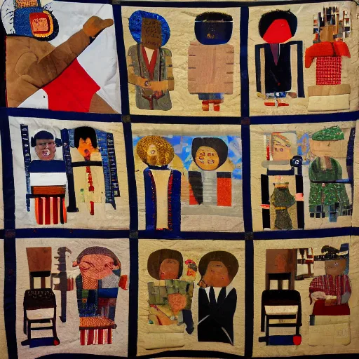 Image similar to folk art quilt showing a twitter argument, museum of modern art, new york