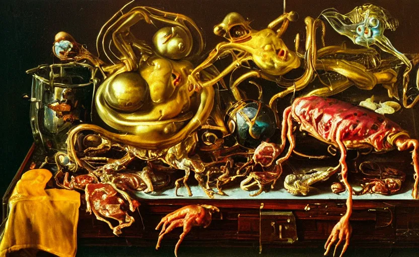 Prompt: disturbing colorful oil painting dutch golden age vanitas still life with bizarre objects strange gooey transparent surfaces shiny metal reflections bizarre mutant meat insects rachel ruysch dali todd schorr very detailed perfect composition rule of thirds masterpiece canon 5 0 mm, cinematic lighting, photography, retro, film, kodachrome