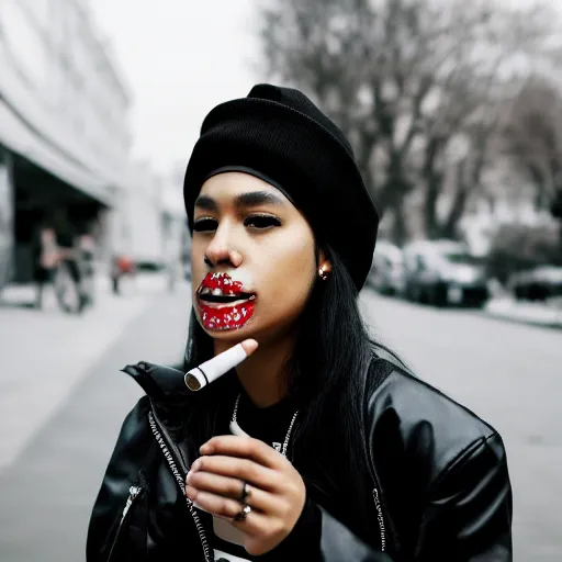 Image similar to portrait of a mixed woman smoking a cigarette, face tattoos, black beanie, black bomber jacket, urban environment, depth of field