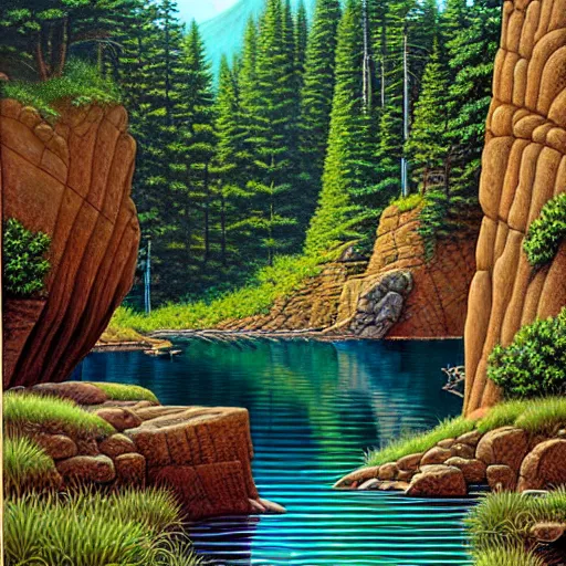 Image similar to Larry Elmore painting - You step to the edge of the rocky opening and peer over. You see a tranquil pond and a sandy beach 20 feet below. The opening’s bottom leads to a cave, its verdant flora a stark contrast to the rocky sides.