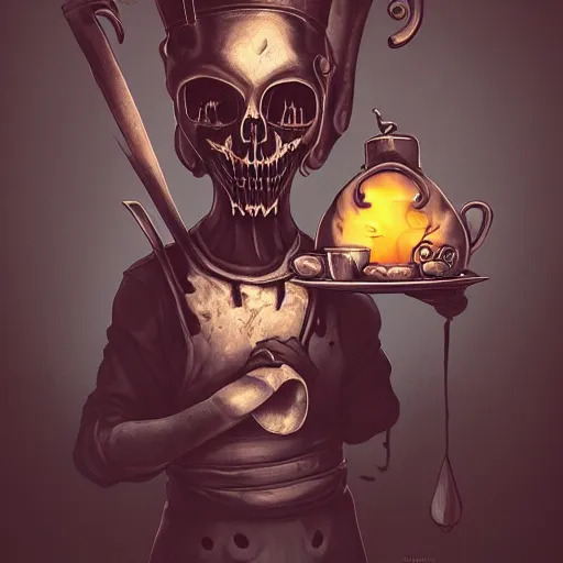 Image similar to a creepy cleaver-headed chef, fantasy art. Dark background, detailed, trending on Artstation