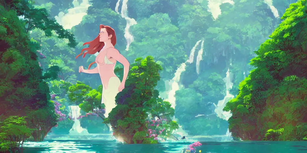 Prompt: amy adams face in front of a lake with gardens and waterfall vibrant highlights sharp no contrast trending pixiv fanbox by alex ross by victo ngai james gurney makoto shinkai takashi takeuchi studio ghibli