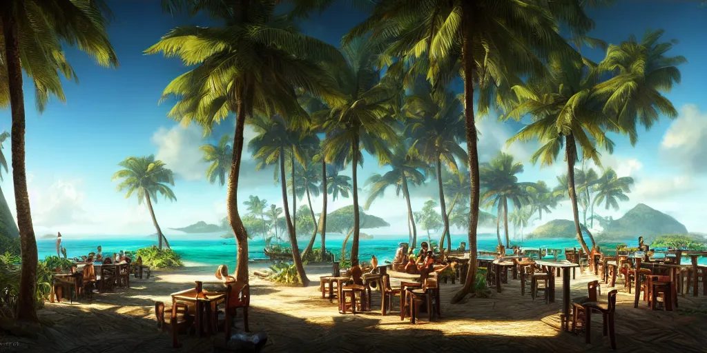 Image similar to a bar on a tropical island, pine trees, sunny, digital art, landscape, fantasy art, octane render, ureal engine, high detail, very realistic, by greg rutkowski. by james gurney