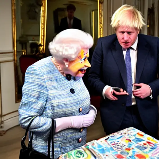 Image similar to boris johnson in clown makeup talking to Queen Elizabeth II, hyperrealistic, photorealistic, printed on the Guardian