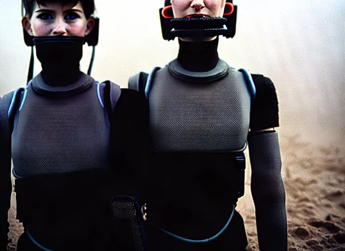 Image similar to cinestill 5 0 d photographic portrait by helen levitt of two loving female androids wearing rugged black mesh techwear in a foggy, extreme closeup, modern cyberpunk, dust storm, 8 k, hd, high resolution, 3 5 mm, f / 3 2, ultra realistic faces, intricate detail, ex machina